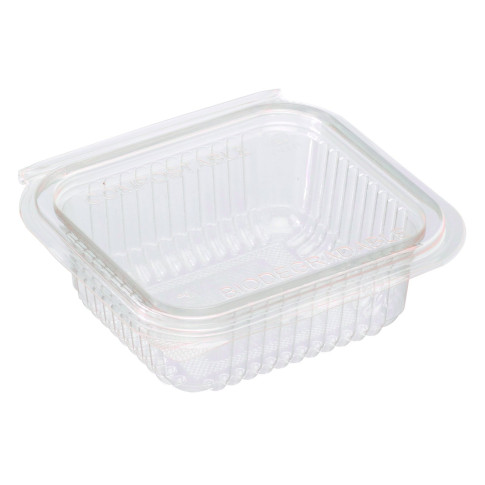 Vaschetta rettangolare in PLA trasparente con coperchio incorporato 126x117mm H43mm 250ml