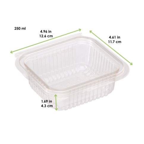 Vaschetta rettangolare in PLA trasparente con coperchio incorporato 126x117mm H43mm 250ml