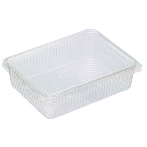 Vaschetta rettangolare piatta in PLA trasparente con coperchio incorporato 217x167mm H55mm 1500ml