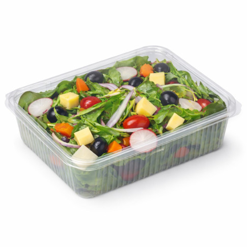Vaschetta rettangolare piatta in PLA trasparente con coperchio incorporato 217x167mm H55mm 1500ml