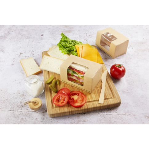 Scatola in cartone laminato bianco con finestra in PLA, adatto a toast e tramezzini 125x77mm H72mm