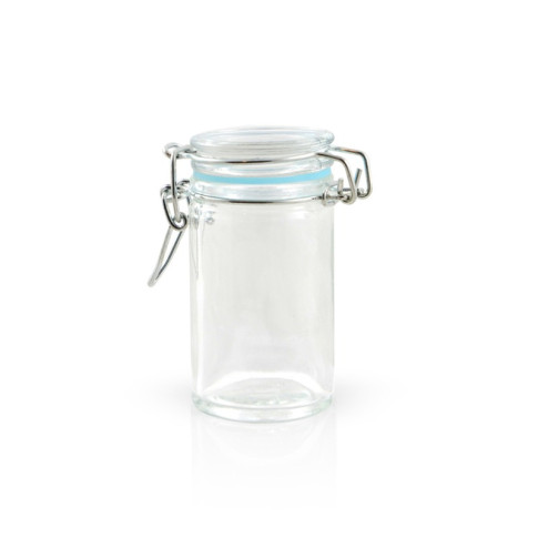 Mini barattolo in vetro con guarnizione celeste  H85mm 65ml