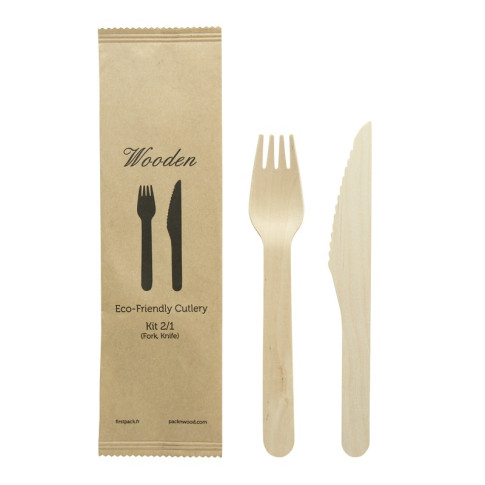 Kit posate in legno 2/1: coltello forchetta, involucro kraft  H165mm