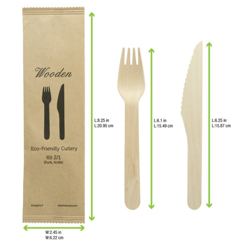 Kit posate in legno 2/1: coltello forchetta, involucro kraft  H165mm