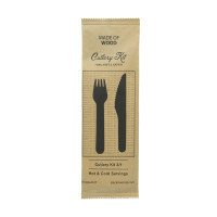 Kit posate in legno 3/1: coltello, forchetta, tovagliolo, involucro kraft  H165mm