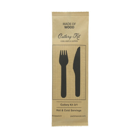 Kit posate in legno 3/1: coltello, forchetta, tovagliolo, involucro kraft  H165mm