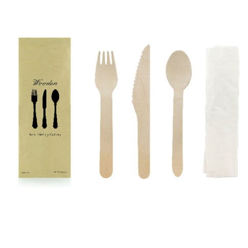 Kit posate in legno 4/1: coltello, forchetta, cucchiaio, tovagliolo, involucro kraft  H165mm