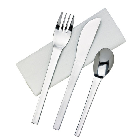 Kit posate in acciaio inox 3/1: coltello, forchetta, cucchiaio, involucro trasparente  H160mm