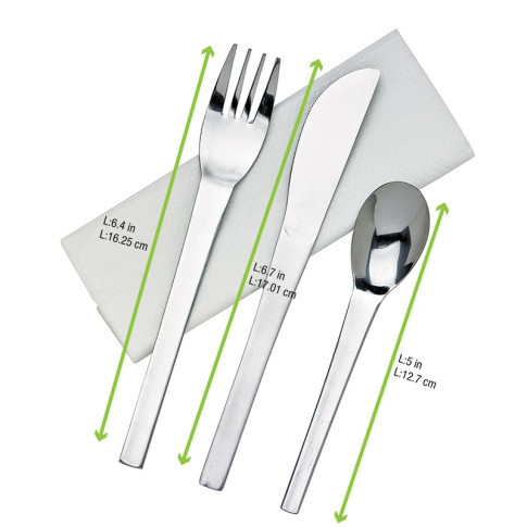 Kit posate in acciaio inox 3/1: coltello, forchetta, cucchiaio, involucro trasparente  H160mm