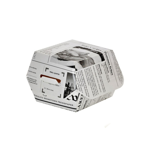 Scatola per hamburger in cartone bianco, decorazione stampa di giornale 75x75mm H50mm