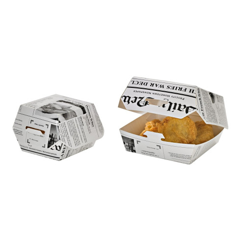 Scatola per hamburger in cartone bianco, decorazione stampa di giornale 75x75mm H50mm