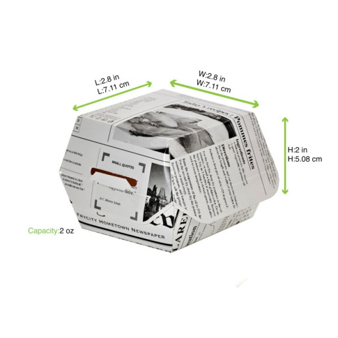 Scatola per hamburger in cartone bianco, decorazione stampa di giornale 75x75mm H50mm