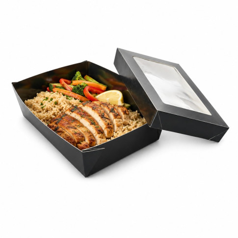 Scatola "Kray" in cartone nero con coperchio a finestra, per cottura in forno 225x155mm H53mm