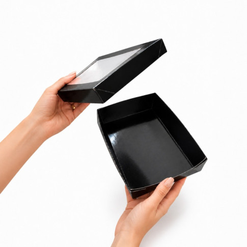 Scatola "Kray" in cartone nero con coperchio a finestra, per cottura in forno 225x155mm H53mm