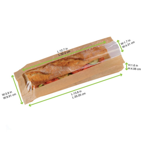 Sacchetto per panino in carta scura con finestra 120x40mm H340mm
