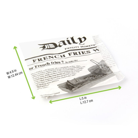 Sacchetto in carta bianca aperto su 2 lati, decorazione stampa di giornale 130x130mm