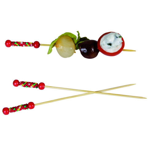 Stecchino Fuji in bambù con perline naturali e decorazione rossa (FOR50)  H112mm