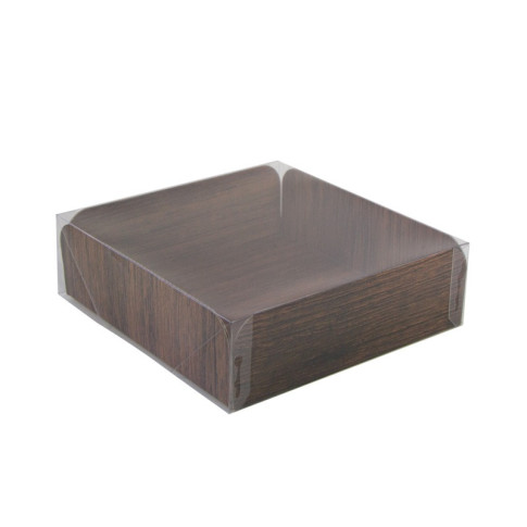 Cartone quadrato con decoro in legno su entrambi i lati+copertina in PET  203,2x203,2mm H63,5mm