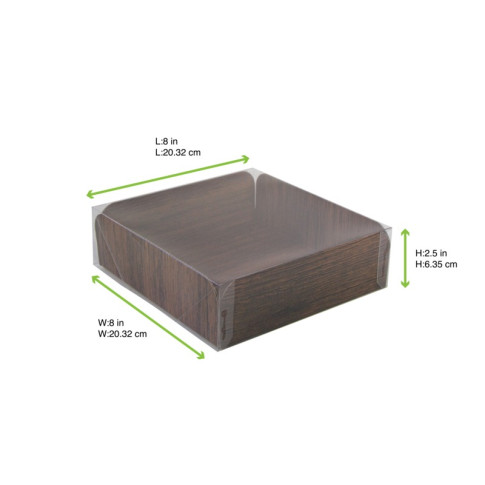 Cartone quadrato con decoro in legno su entrambi i lati+copertina in PET  203,2x203,2mm H63,5mm
