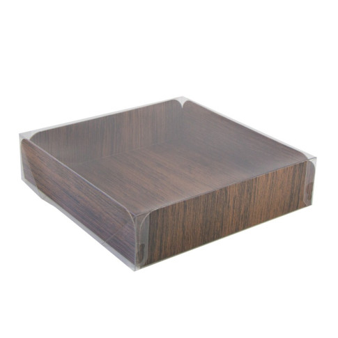 Cartone quadrato con decoro in legno su entrambi i lati+copertina in PET  254x254mm H63,5mm