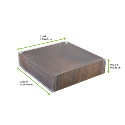 Cartone quadrato con decoro in legno su entrambi i lati+copertina in PET  254x254mm H63,5mm