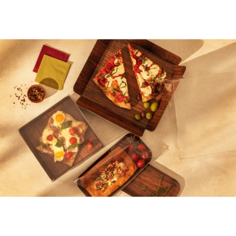 Cartone quadrato con decoro in legno su entrambi i lati+copertina in PET  254x254mm H63,5mm