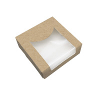Scatola da pasticceria in cartone kraft con coperchio a finestra in PLA incorporato 100x100mm H40mm