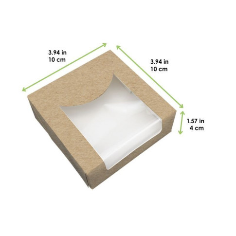 Scatola da pasticceria in cartone kraft con coperchio a finestra in PLA incorporato 100x100mm H40mm