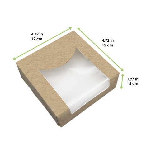 Scatola da pasticceria in cartone kraft con coperchio a finestra in PLA incorporato 122x122mm H50mm