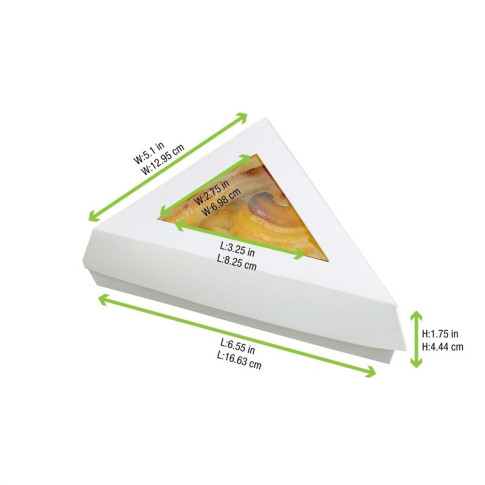 Scatola da pasticceria triangolare in cartone bianco con coperchio a finestra 155x130mm H45mm