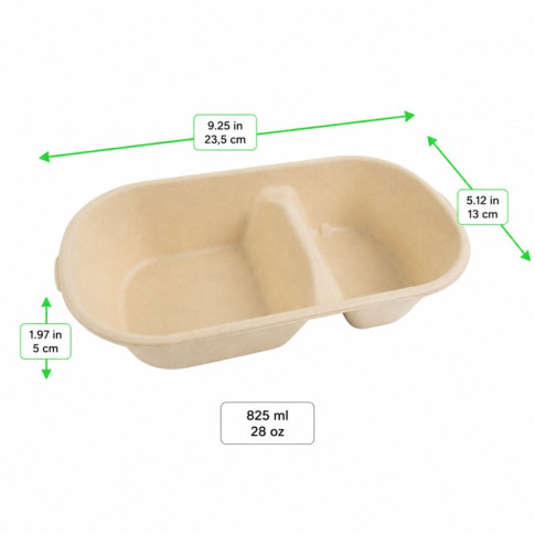 Vaschetta in polpa di canna da zucchero scura a 2 scomparti 235x130mm H50mm 825ml