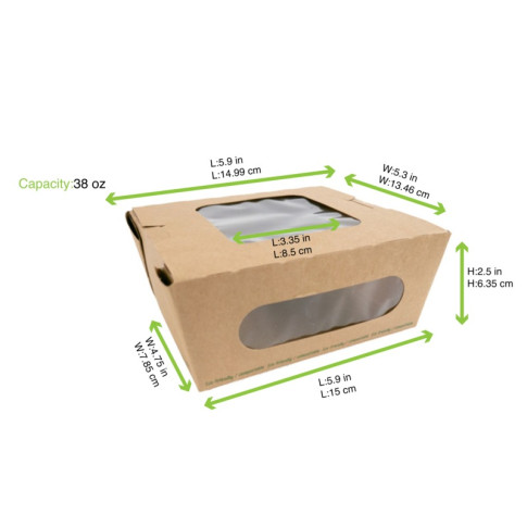 Scatola per insalata in cartone kraft con doppia finestra in PLA 152x135mm H65mm 1100ml
