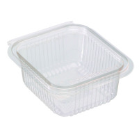 Vaschetta rettangolare in PLA trasparente con coperchio incorporato 153x125mm H56mm 500ml