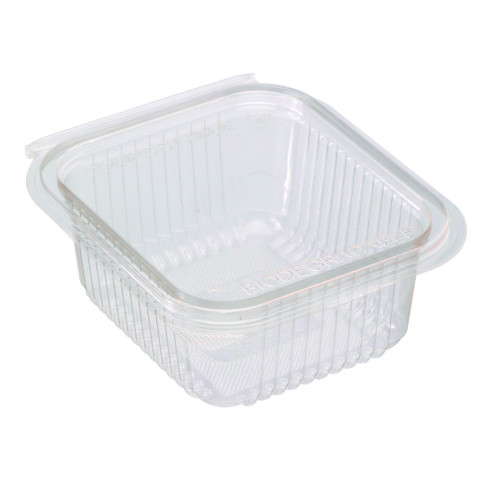 Vaschetta rettangolare in PLA trasparente con coperchio incorporato 153x125mm H56mm 500ml