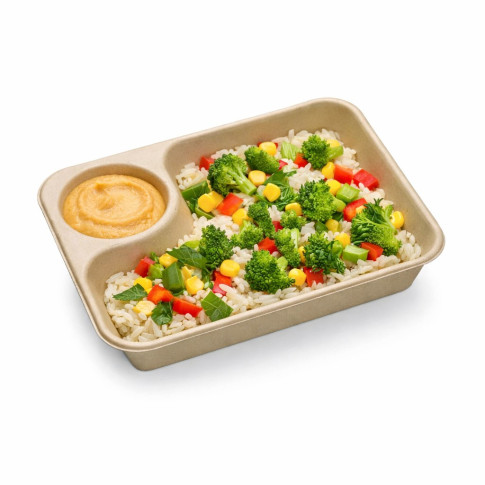 Vaschetta in polpa di canna da zucchero scura con vano salsa 218x165mm H45mm 850ml