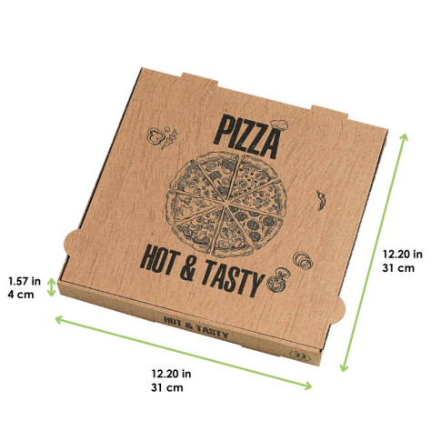 Scatola da pizza in cartone kraft con decorazione "Hot and Tasty" 310x310mm H40mm