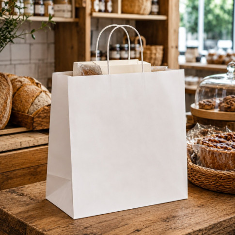 Shopper in carta bianca e manici sottili corda 280x120mm H310mm