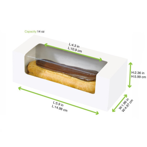 Scatola per macaron o éclair in cartone con finestra in PLA 150x60mm H50mm