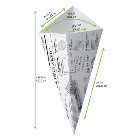 Cono in cartone laminato in PE antiunto, decorazione stampa di giornale 195x160mm  430ml