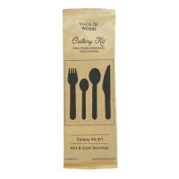 Kit posate in legno 5/1: coltello, forchetta, cucchiaio piccolo e grande, tovagliolo, involucro craf  H165mm