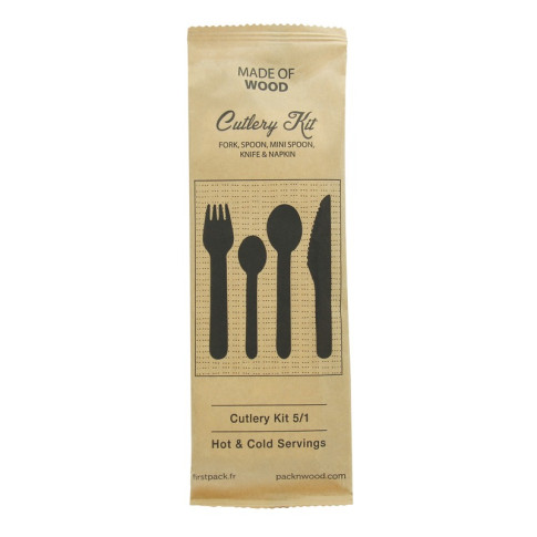 Kit posate in legno 5/1: coltello, forchetta, cucchiaio piccolo e grande, tovagliolo, involucro craf  H165mm