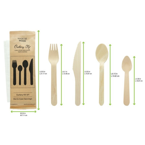Kit posate in legno 5/1: coltello, forchetta, cucchiaio piccolo e grande, tovagliolo, involucro craf  H165mm