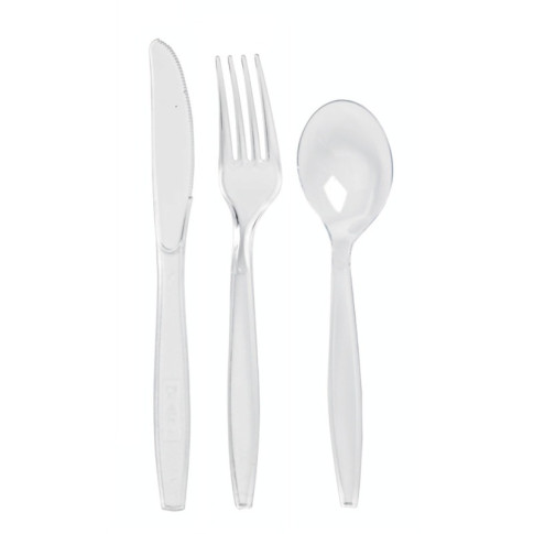 Kit 4/1 coltello, forchetta, cucchiaio e tovagliolo "Majesty" in plastica trasparente 192x45mm