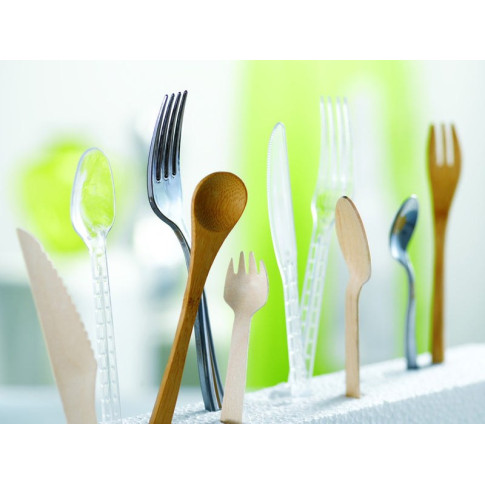 Kit 4/1 coltello, forchetta, cucchiaio e tovagliolo "Majesty" in plastica trasparente 192x45mm
