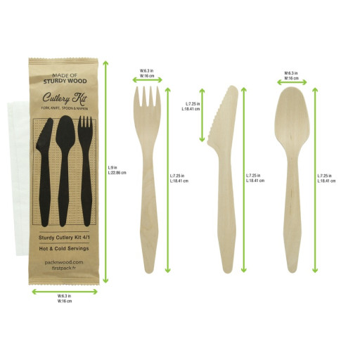 Kit posate in legno "Hercules" 3/1: coltello, forchetta, cucchiaio, tovagliolo, involucro kraft  H185mm