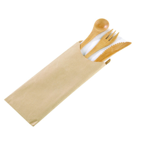 Kit posate in bambù 4/1: coltello, forchetta, cucchiaio, tovagliolo, involucro kraft  H160mm