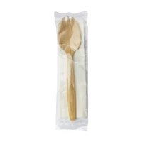 Kit posate in legno 2/1: coltello, forchetta, tovagliolo, involucro trasparente  H147mm