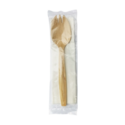 Kit posate in legno 2/1: coltello, forchetta, tovagliolo, involucro trasparente  H147mm