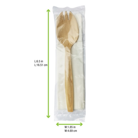 Kit posate in legno 2/1: coltello, forchetta, tovagliolo, involucro trasparente  H147mm