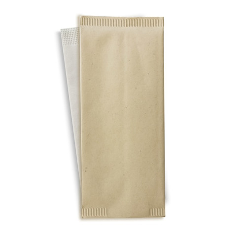 Sacchetto per posate in carta color crema con tovagliolo bianco 110x250mm